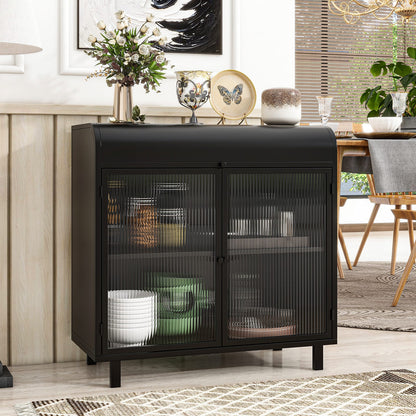Antique Black Sideboard Buffet Cabinet - Steel & Glass Storage