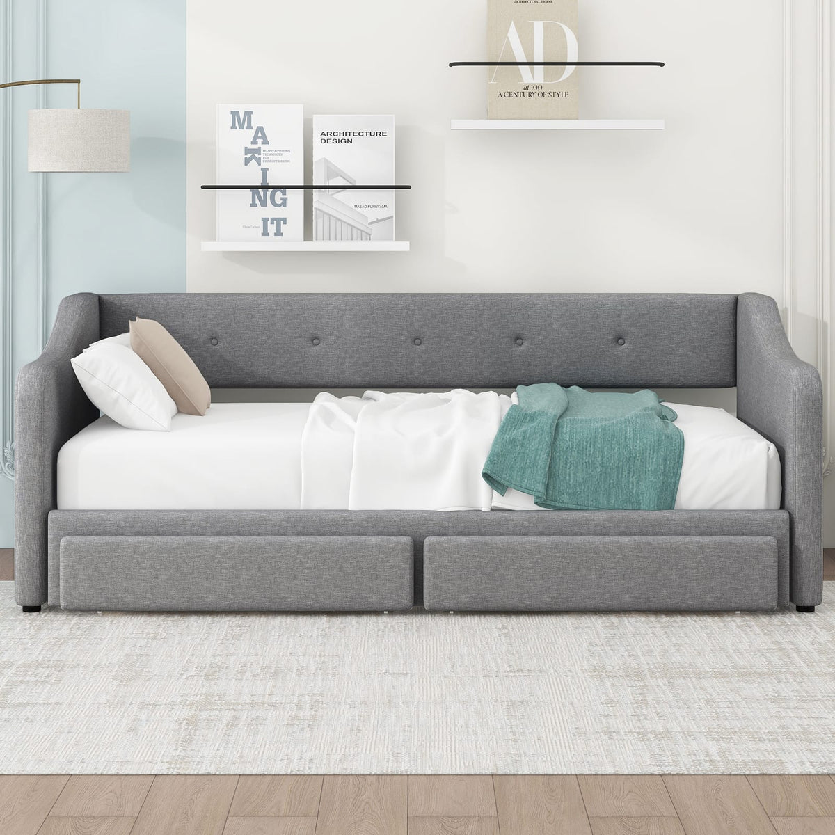 Twin XL to King Size Upholstered Daybed with Two Drawers, Gray