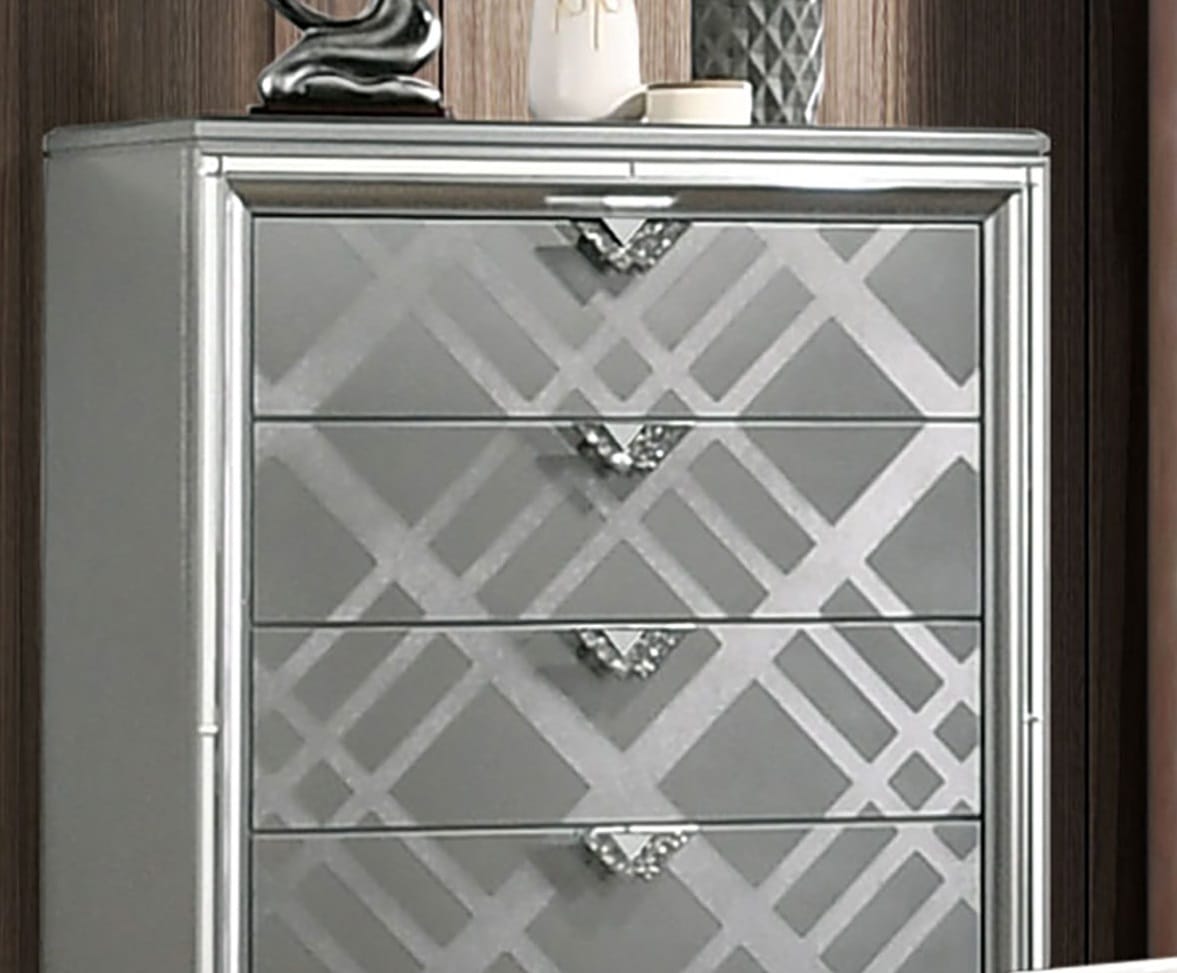 Contemporary Silver Wood Chest with Mirror for Bedroom Storage