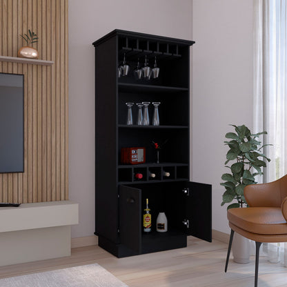 Black Wine Rack Bar Cabinet 70"H with Storage Shelves for Dining Room