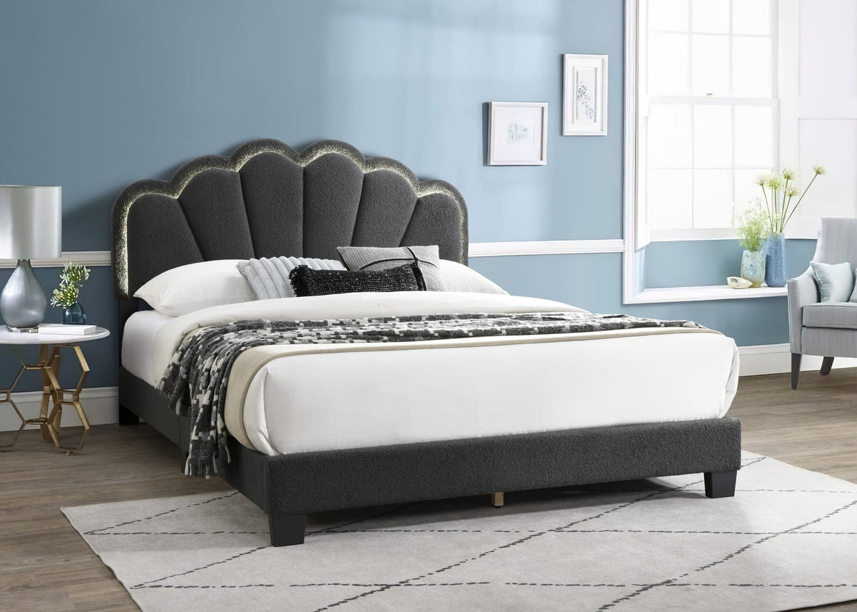 Queen Size Bed Frame - Charcoal Wool Floral Headboard Box Spring Not Required