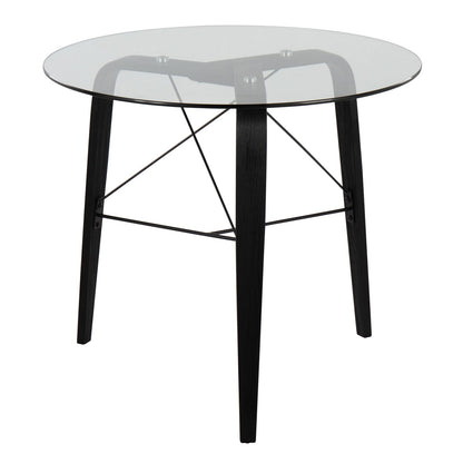Mid-Century Modern Round Dining Table - Black Wood & Glass Top