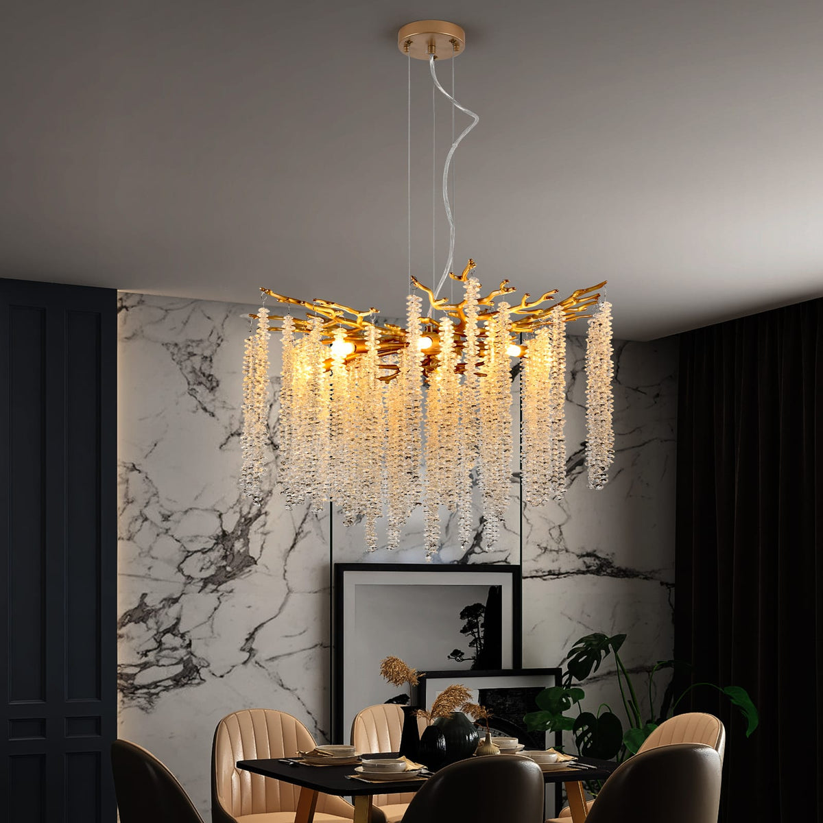 24-inch Modern Golden Pendant Light - Cascading Crystal Strands, Living Room Lighting