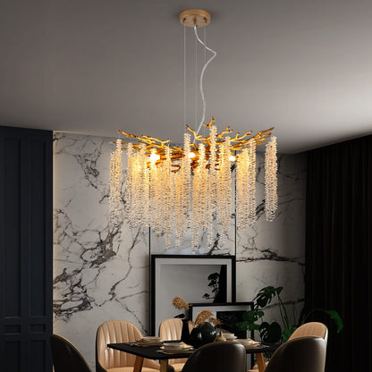 24-inch Modern Golden Pendant Light - Cascading Crystal Strands, Living Room Lighting