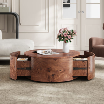 Walnut Burl Wood Rotating Coffee Table with Drawers for Living Room