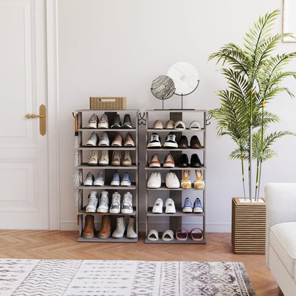 7-Tier Gray Shoe Rack - Storage Organizer with Hooks for Living Room