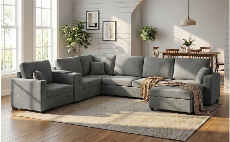 Grey 5 Seat Chenille Sectional Sofa - Primary Living Space