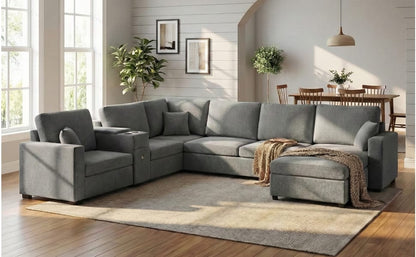 Grey 5 Seat Chenille Sectional Sofa - Primary Living Space