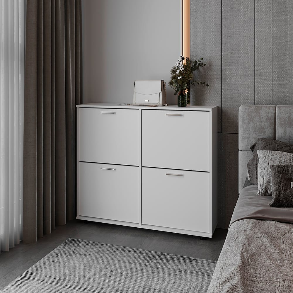 White Engineered Wood Shoe Rack Cabinet - 11.8 x 43.3 x 38" for Living Room