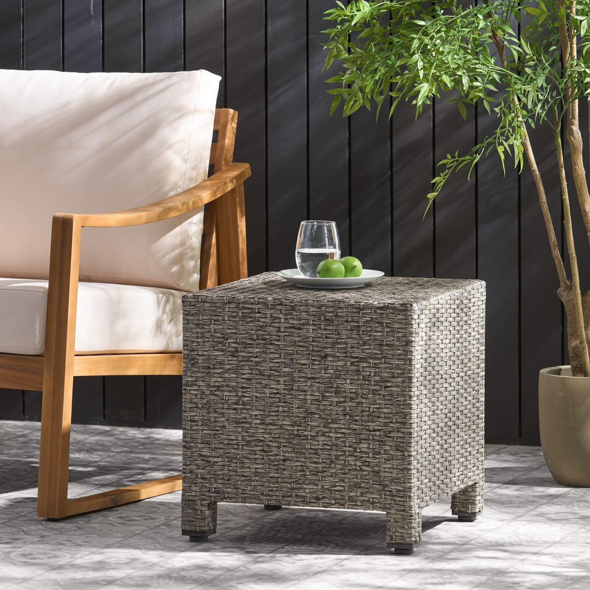 Black Rattan Outdoor Side Table - 18" Cube