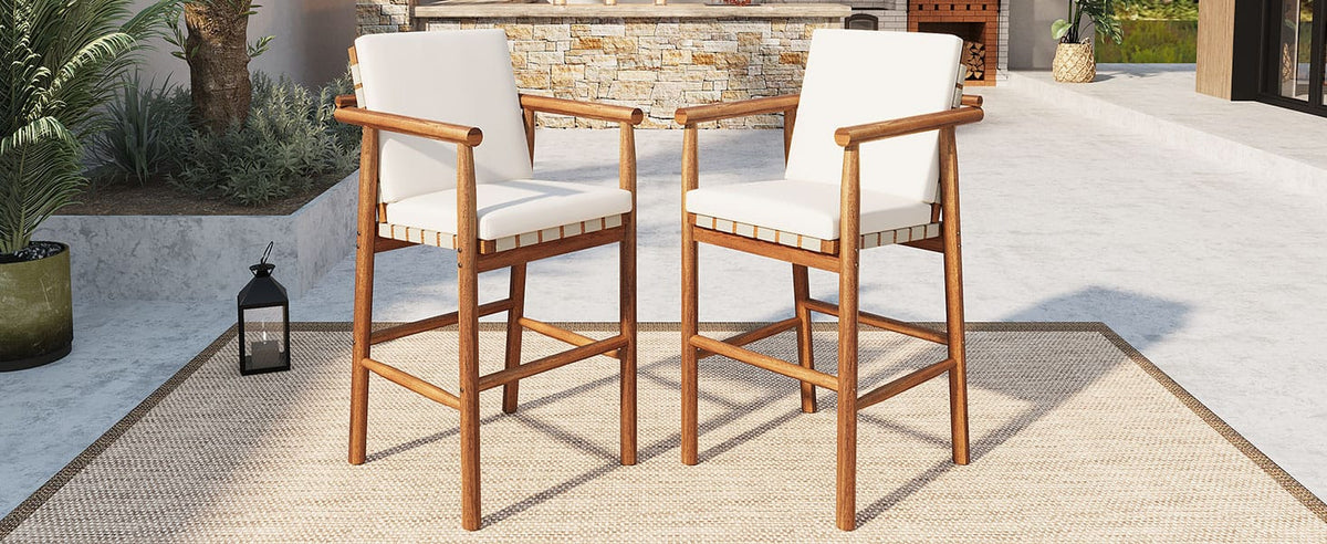 2 Acacia Wood Bar Stools with Beige Cushions - Patio Set