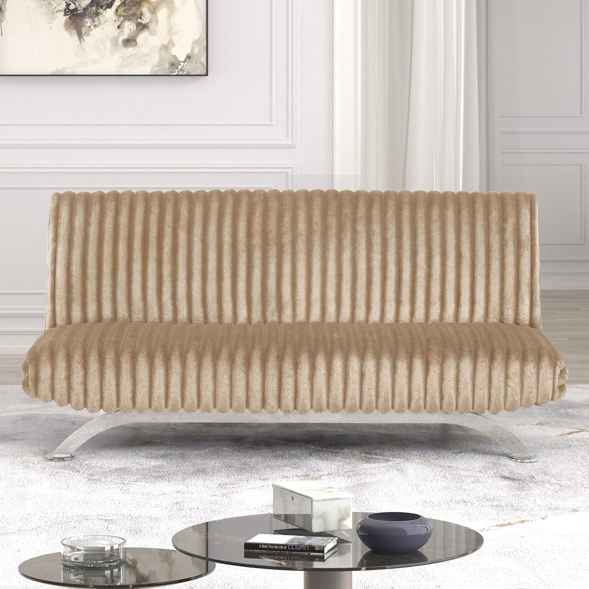 Taupe Engineered Wood Futon Sofa Converts to Bed for Living Room