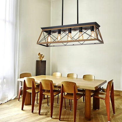 32" Walnut Industrial Pendant Chandelier - Modern Metal Cage Lighting