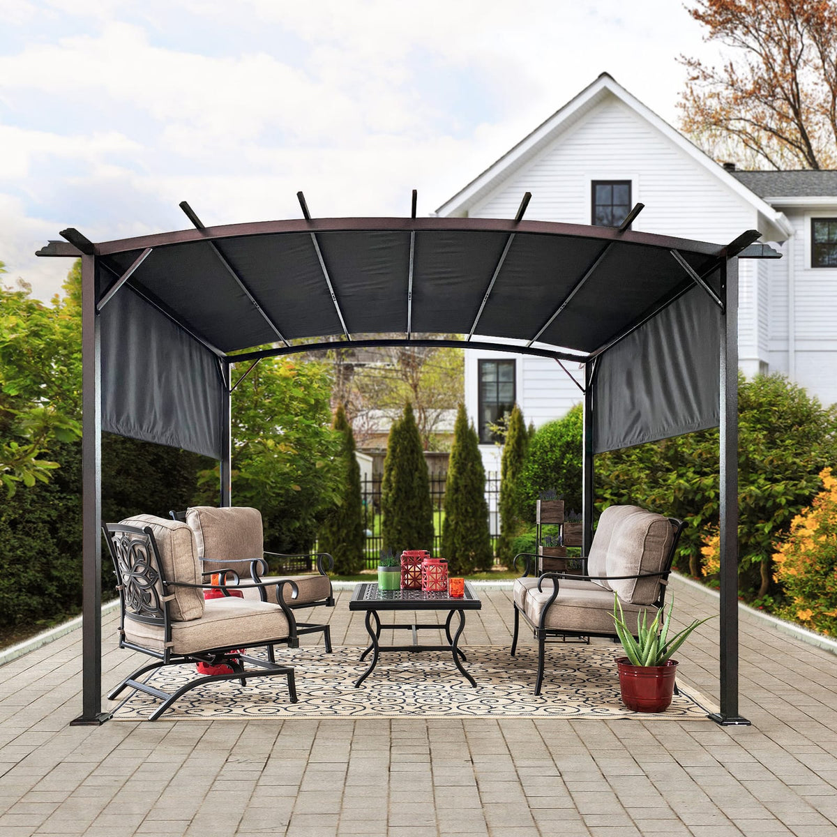 12x9 Ft Gray Steel Patio Gazebo - Retractable Shade