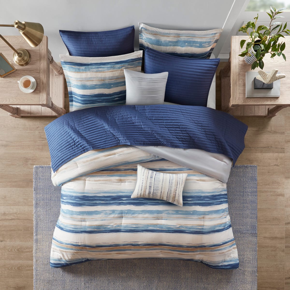 8 Piece Blue Seersucker Comforter Set - King Size