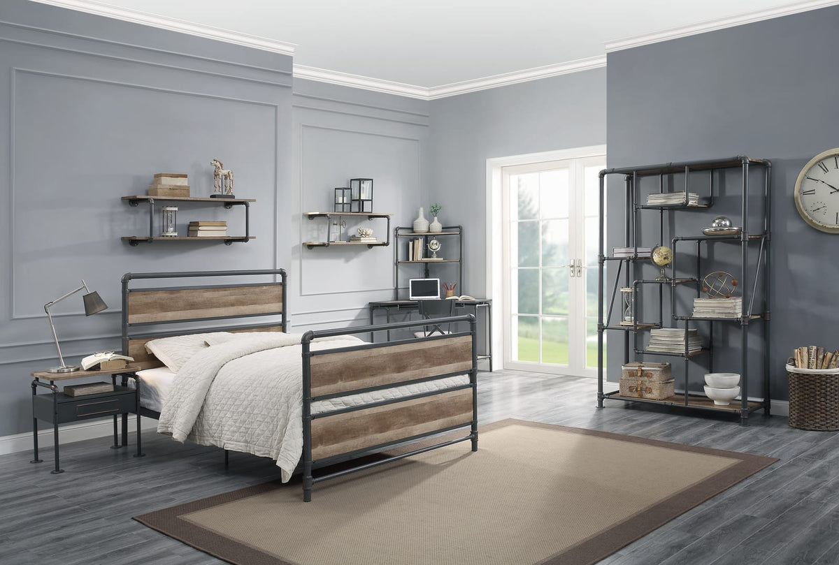 Antique Oak & Grey 2-Tier Wall Shelf - Industrial Style for Living Room
