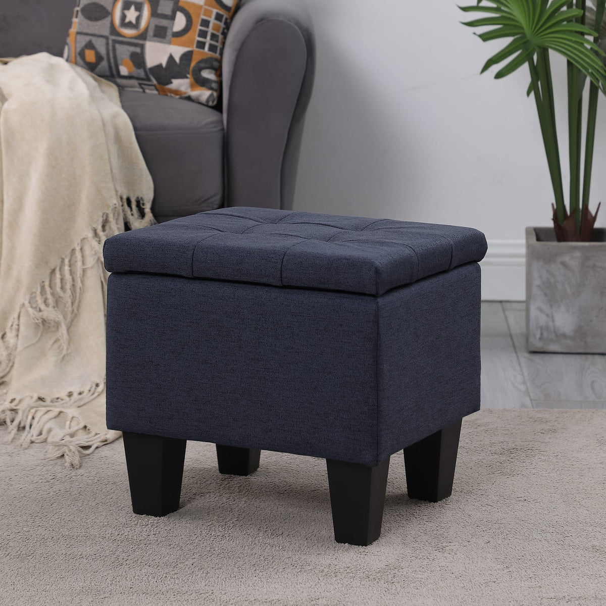 Dark Blue Fabric Storage Bench Set - 3 in 1 Ottoman with Linen Tufting