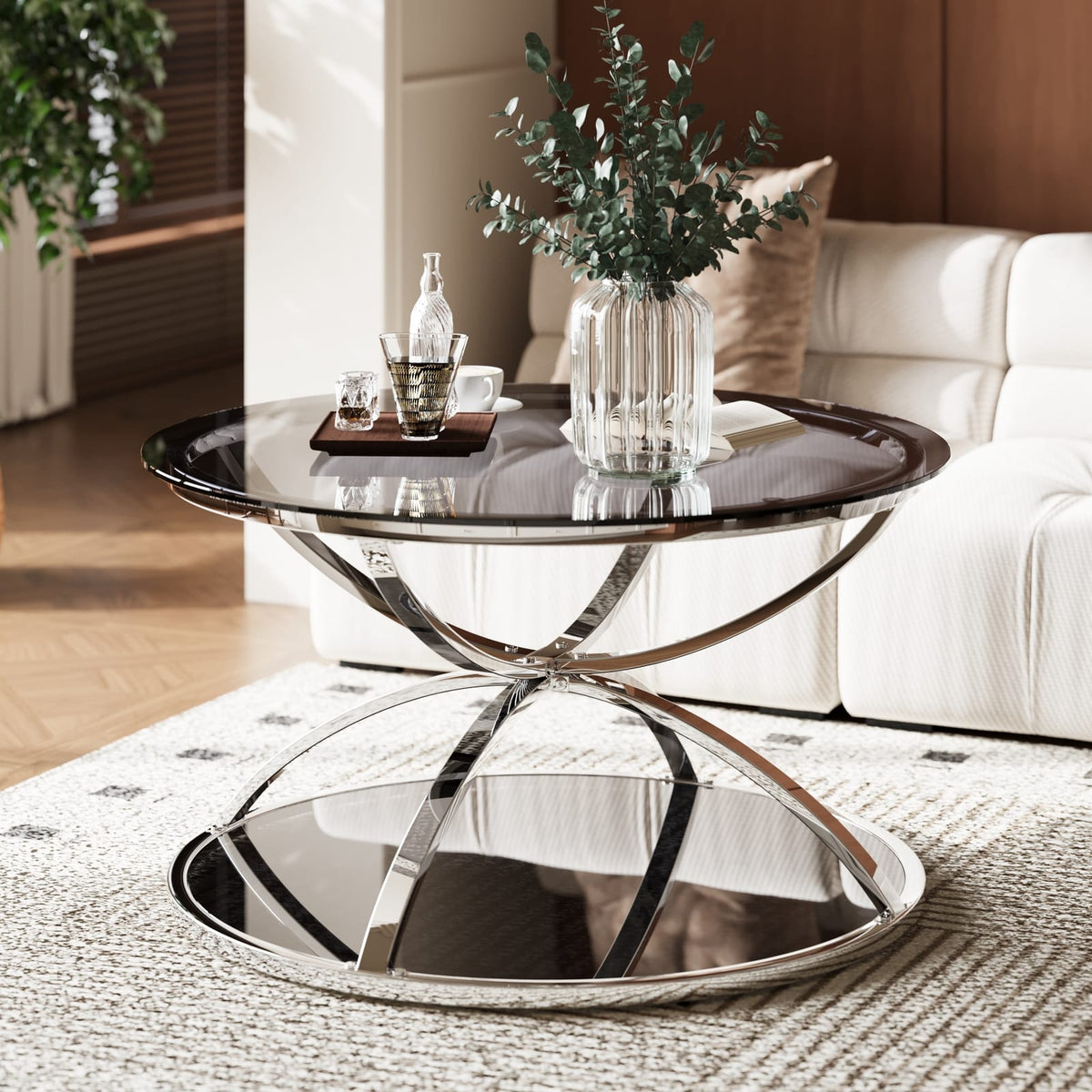31.5" Modern Glass Coffee Table - Silver, Dual Tier Storage for Living Room