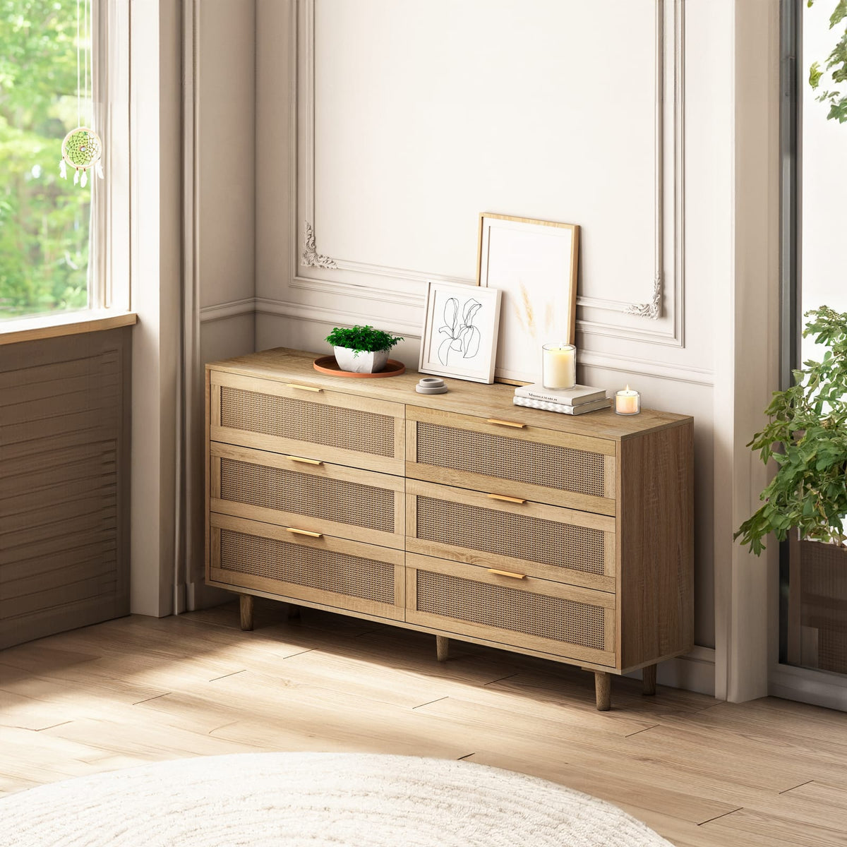 Natural Rattan 6-Drawer Dresser - Bedroom Storage Cabinet