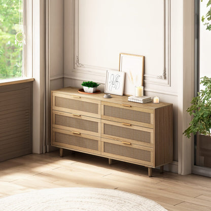 Natural Rattan 6-Drawer Dresser - Bedroom Storage Cabinet