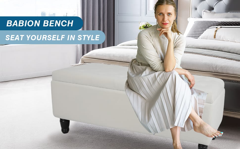 White Velvet Storage Ottoman Bench - 47" End of Bed Footstool