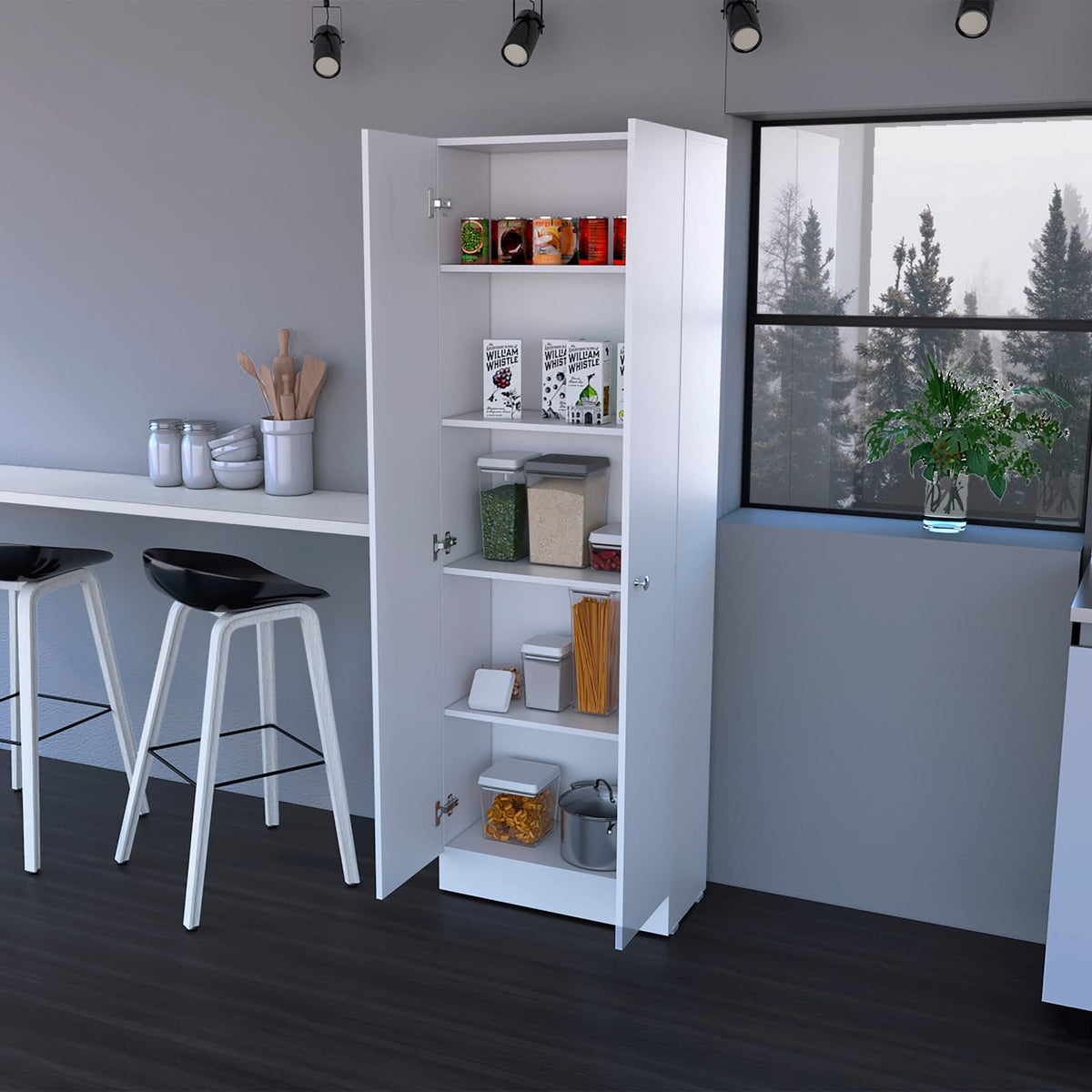White Modern Kitchen Buffet with 5 Shelves for Dining Room