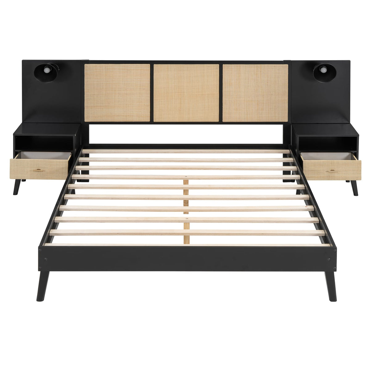 Queen Size Solid Wood Bed Frame - Black with Nightstands & Lamps