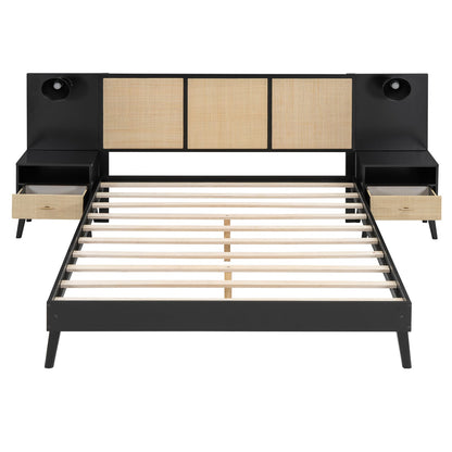 Queen Size Solid Wood Bed Frame - Black with Nightstands & Lamps