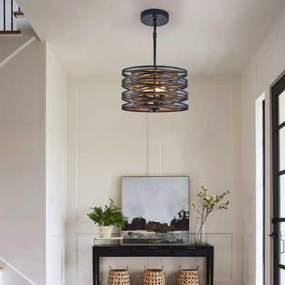 Rustic Industrial Pendant Light - Walnut & Black Metal Cage Chandelier