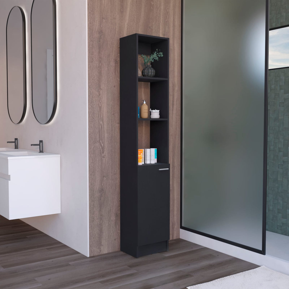 Black Bathroom Storage Cabinet - 6 Shelves, Freestanding Tall Cabinet