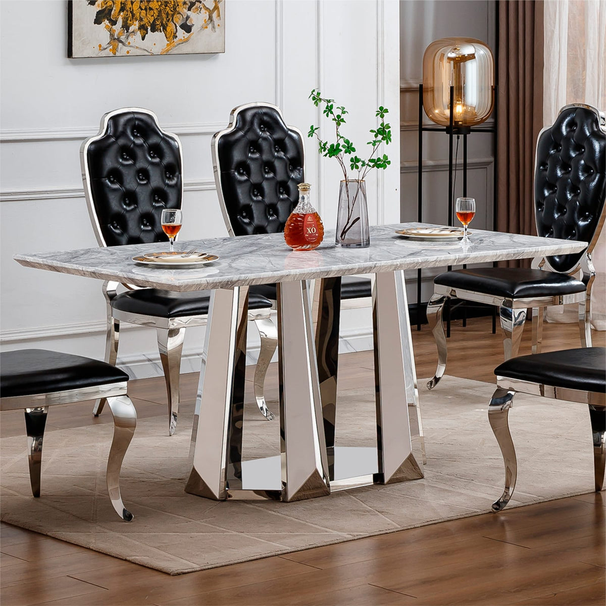 70" Silver Grey Marble Dining Table - Modern Rectangle for 6 People