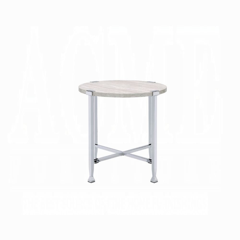 Round White Oak End Table - Chrome Metal Frame for Living Room