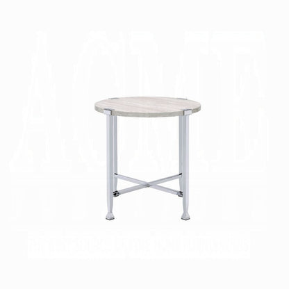 Round White Oak End Table - Chrome Metal Frame for Living Room