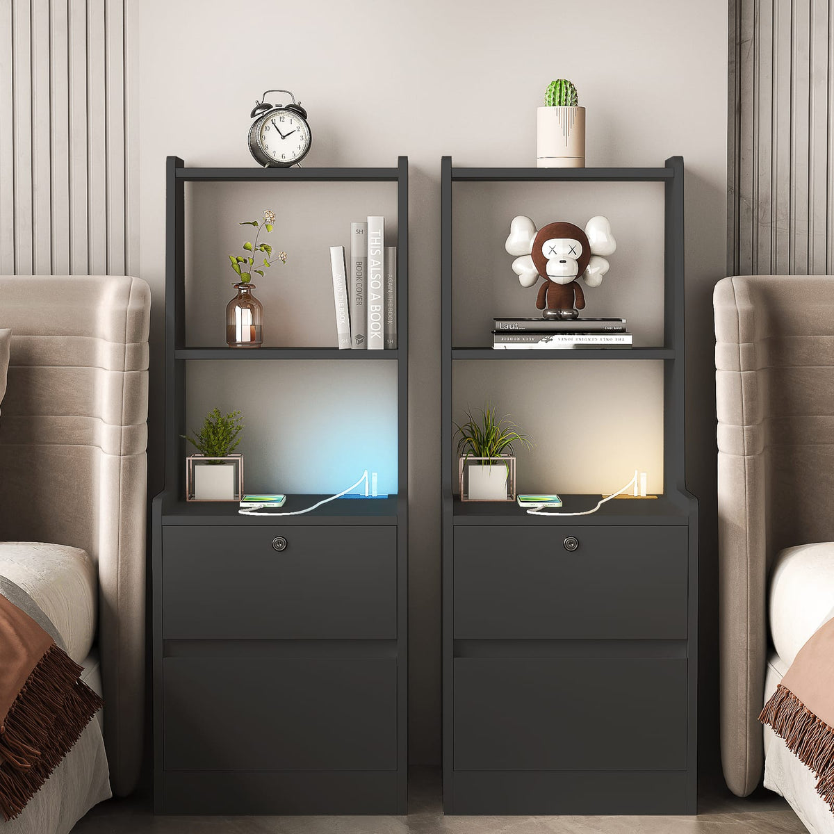 Black Particle Board Nightstand with USB Charging & Night Light for Bedroom