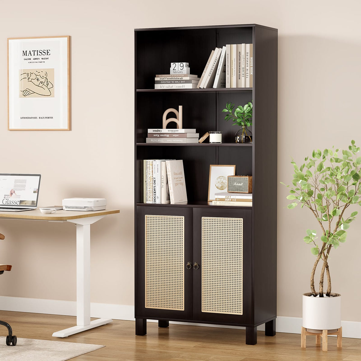Tall Bookcase with Rattan Doors - 5 Tier Storage, Walnut