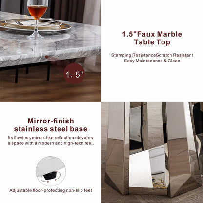 70" Silver Grey Marble Dining Table - Modern Rectangle for 6 People