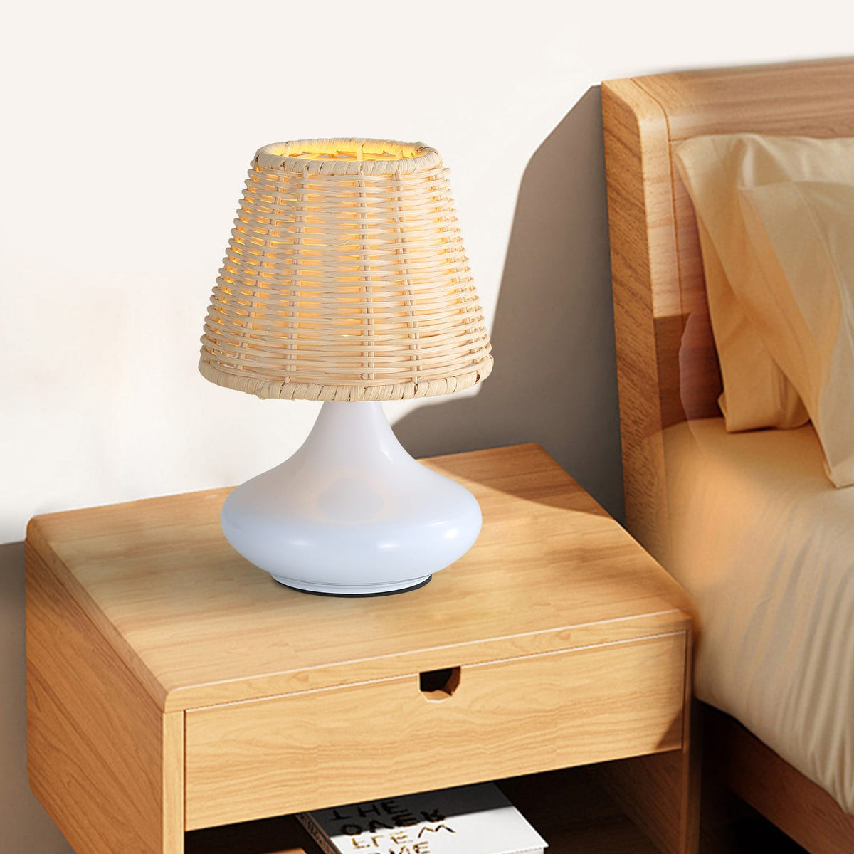 White Woven Bamboo Table Lamp - Dimmable LED Desk Night Light