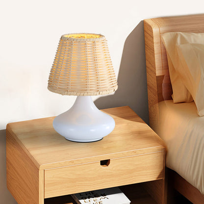 White Woven Bamboo Table Lamp - Dimmable LED Desk Night Light