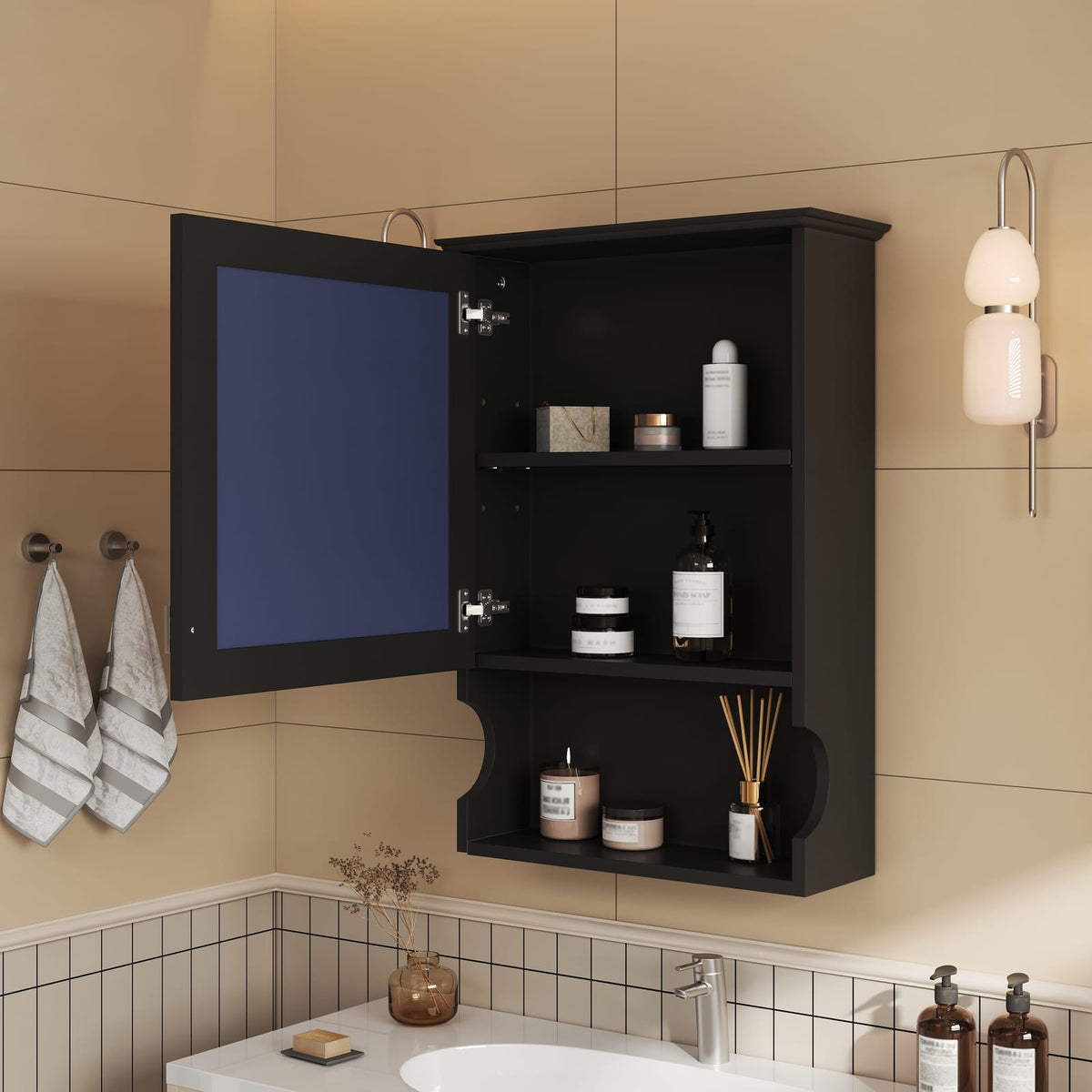 Modern Black Wall Mounted Bathroom Mirror Cabinet with Adjustable Shelves