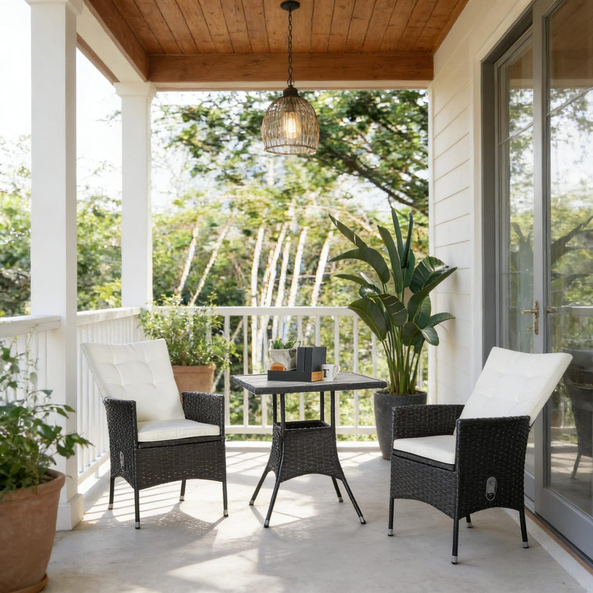 Cream White Rattan Patio Furniture Set - 3 Piece Bistro Set