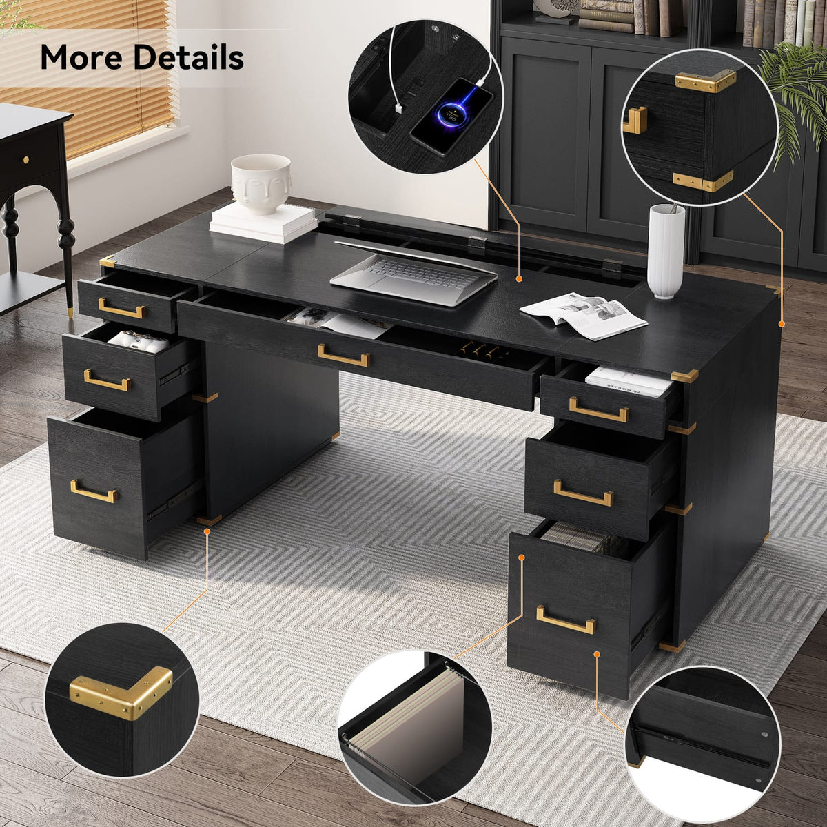 70" Extra-Large Classic Desk - Black+Gold MDF Metal