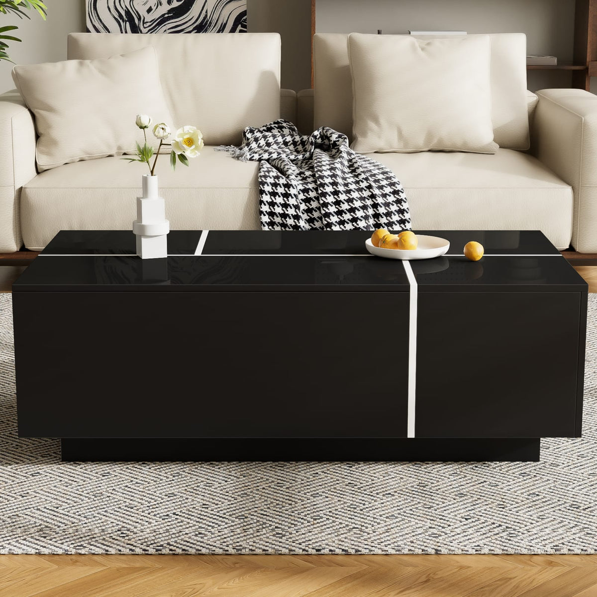 Black MDF Coffee Table with Storage Drawers for Living Room