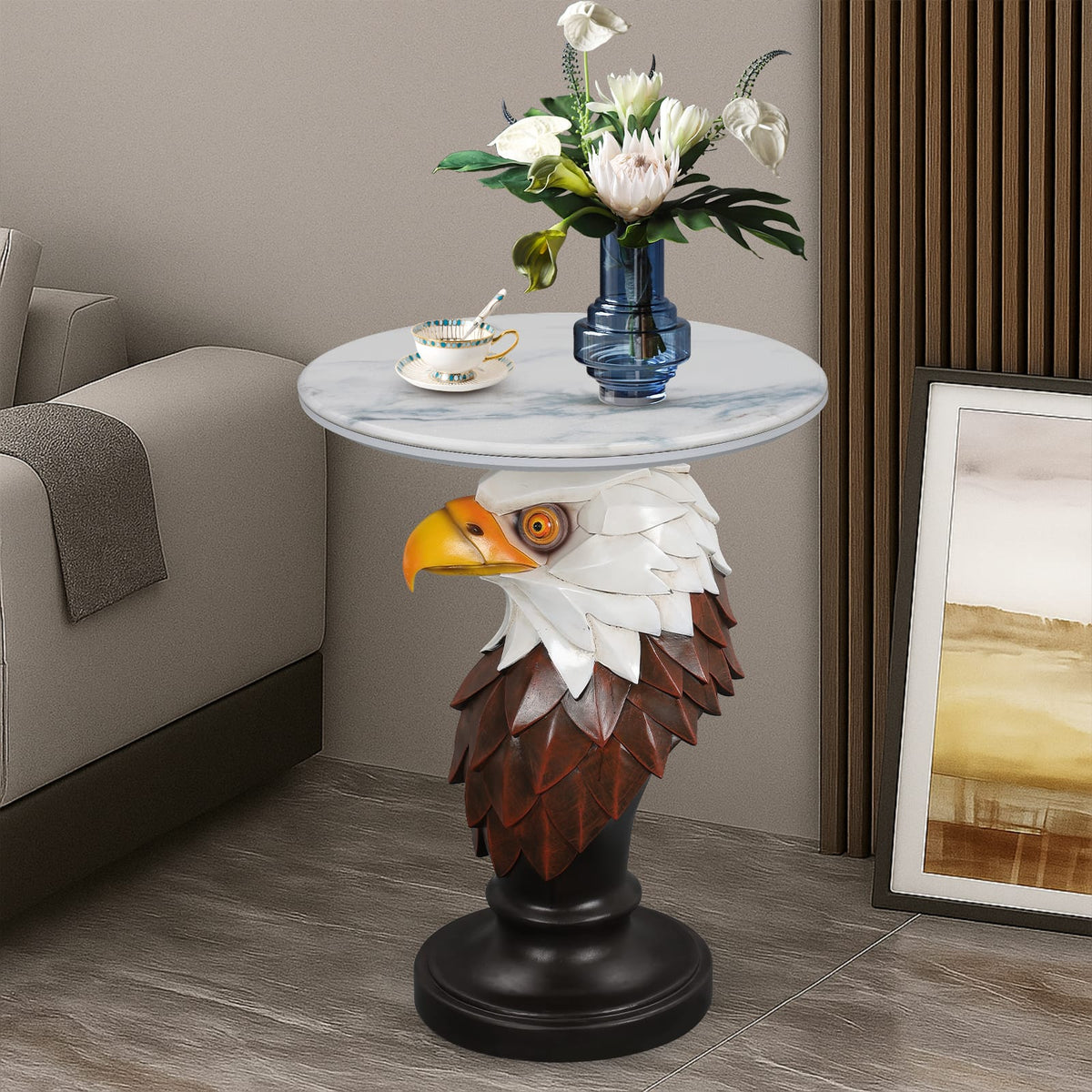 Brown Antique White Resin Eagle Accent Table for Rustic Living Room Decor