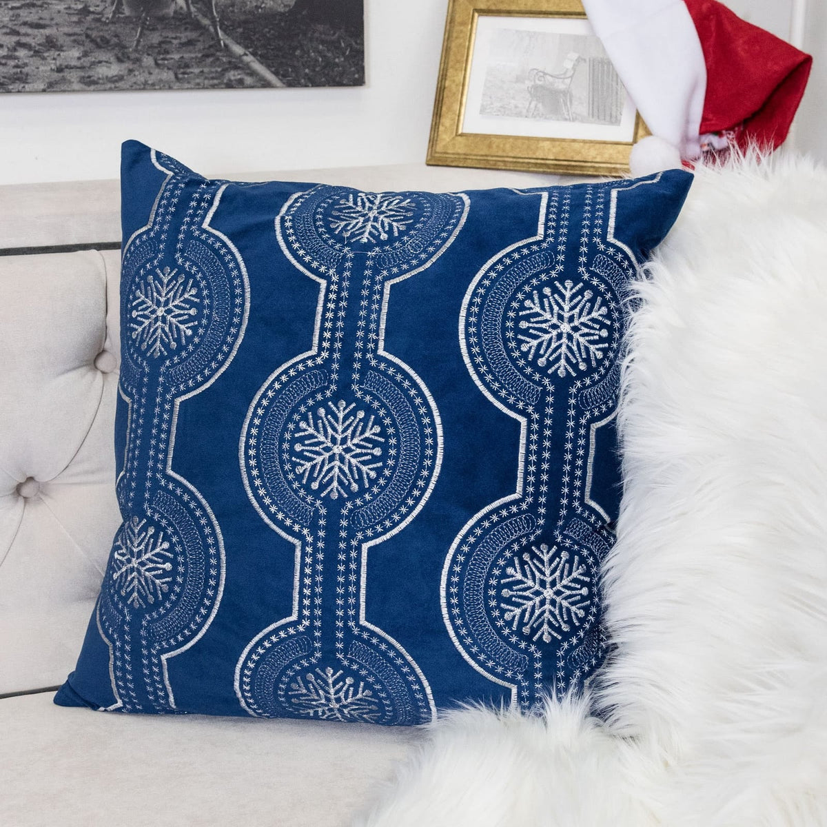 Blue Velvet Throw Pillow with Snowflake Embroidery - 20x20