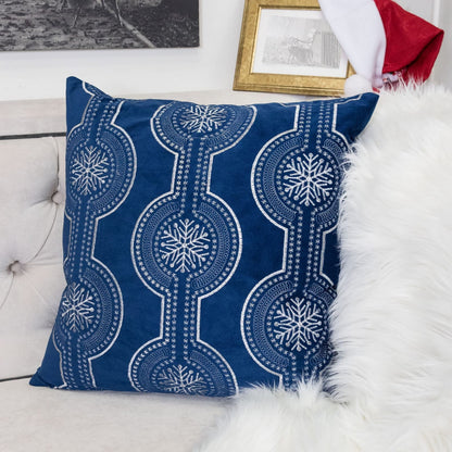 Blue Velvet Throw Pillow with Snowflake Embroidery - 20x20