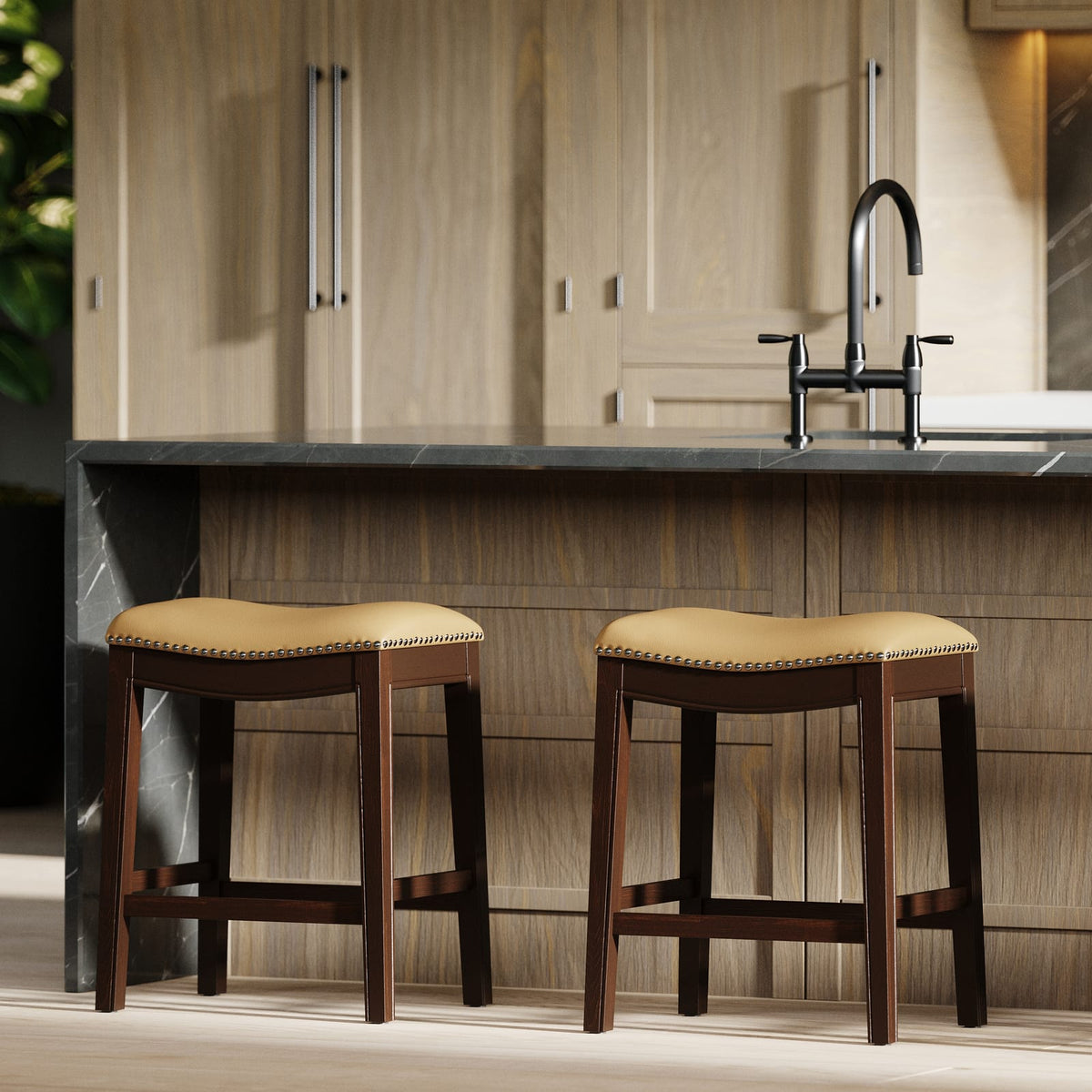 Tan PU Leather Barstool - 26 Inch Height for Bedroom