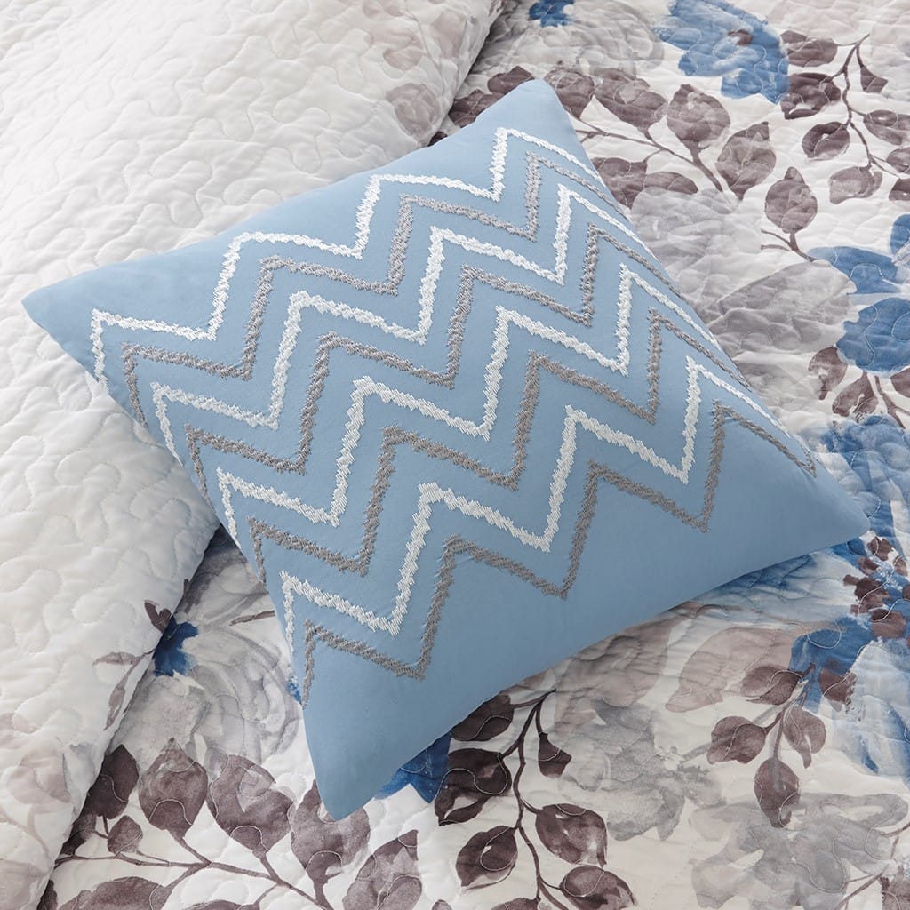 Blue King Quilt Set - 6 Piece Reversible Floral Bedding
