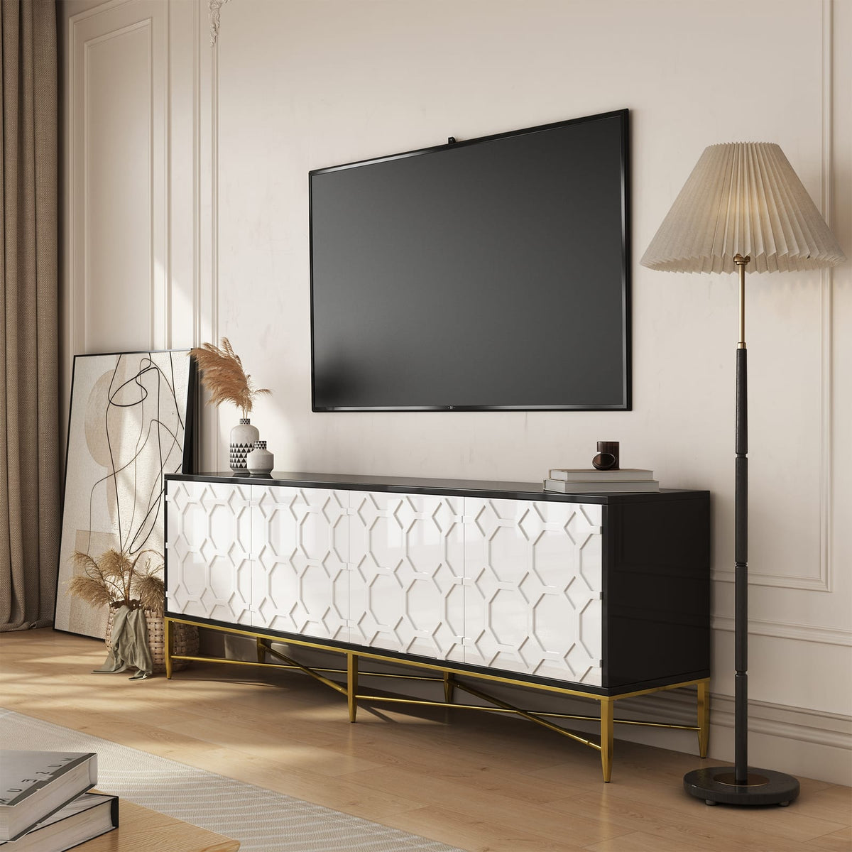 Black & White Scottie Dog TV Stand 70" Modern Coffee Table with Storage