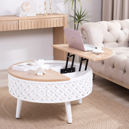 Round Lift-Top Coffee Table with Storage - White & Light Oak for Living Room