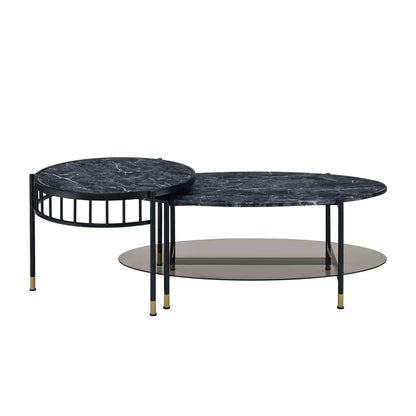 Black Faux Marble Nesting Coffee Table Set with Metal Frame for Living Room